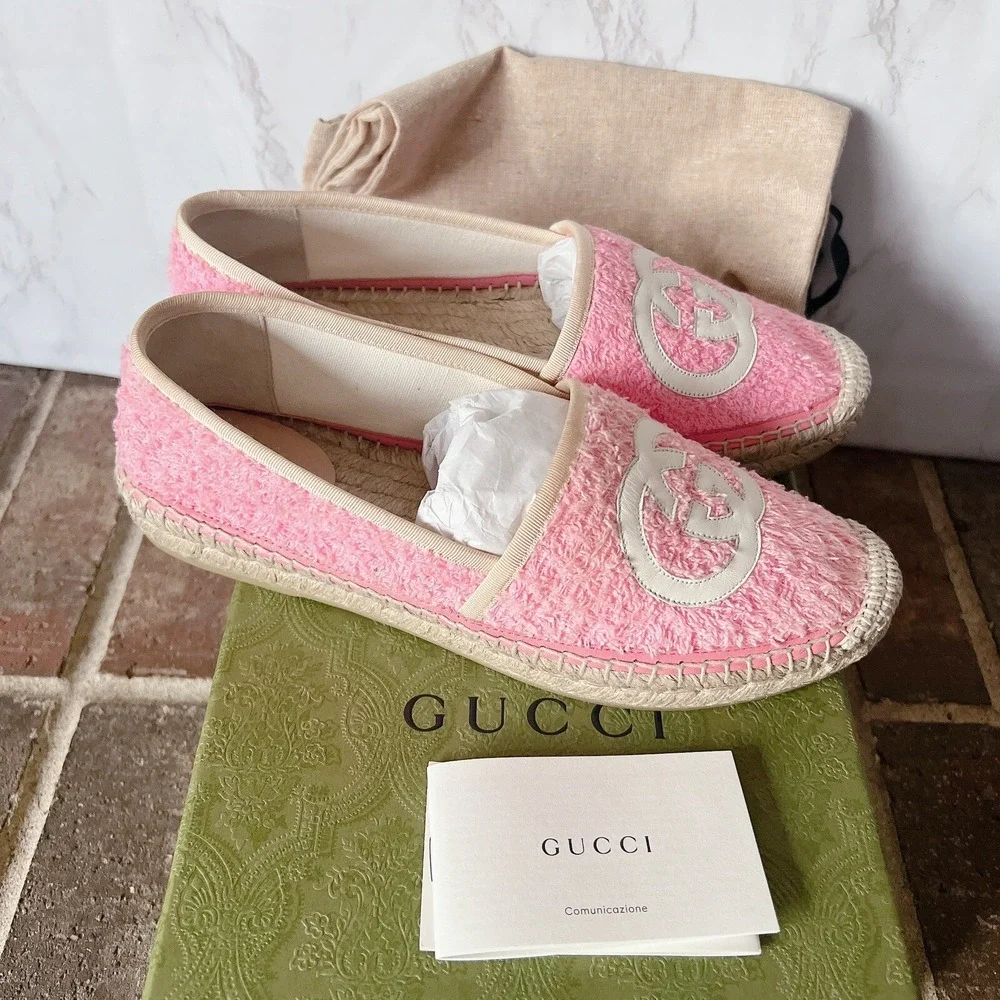 Gucci GG Logo Monogram Interlocking G Terry Espadrille Flat Pink Womens EU 36